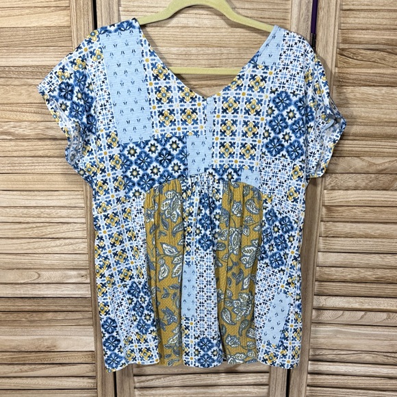 Cato Patchwork Floral Green Blue Yellow Rust  V-Neck Cap Sleeve Top Size L - Picture 9 of 9